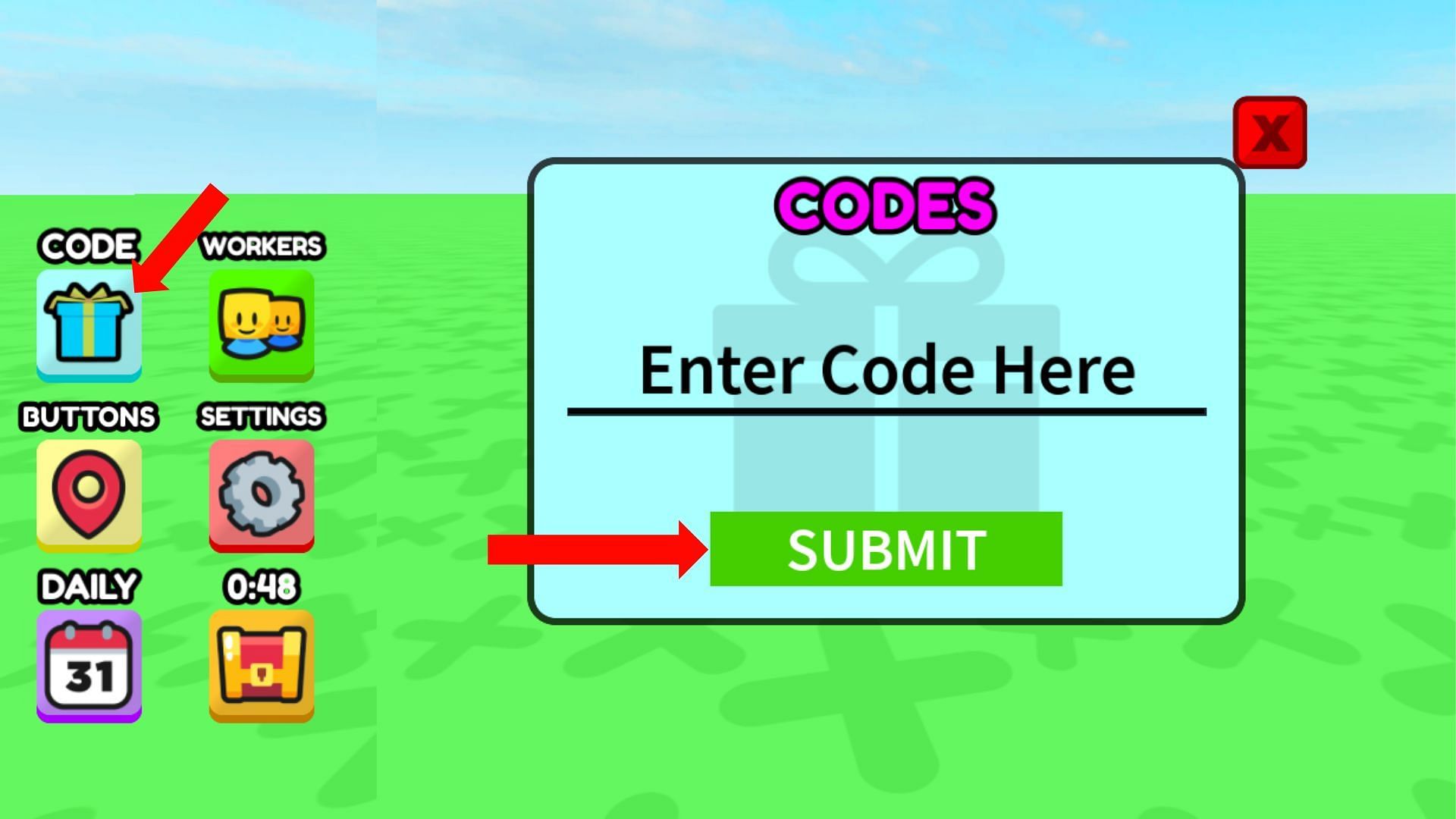 The Code button is indicated by a blue present icon (Image via Roblox)